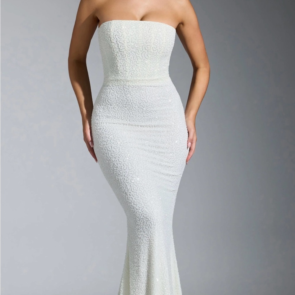 Oh Polly Cream Sequin Strapless Sheath Dress
